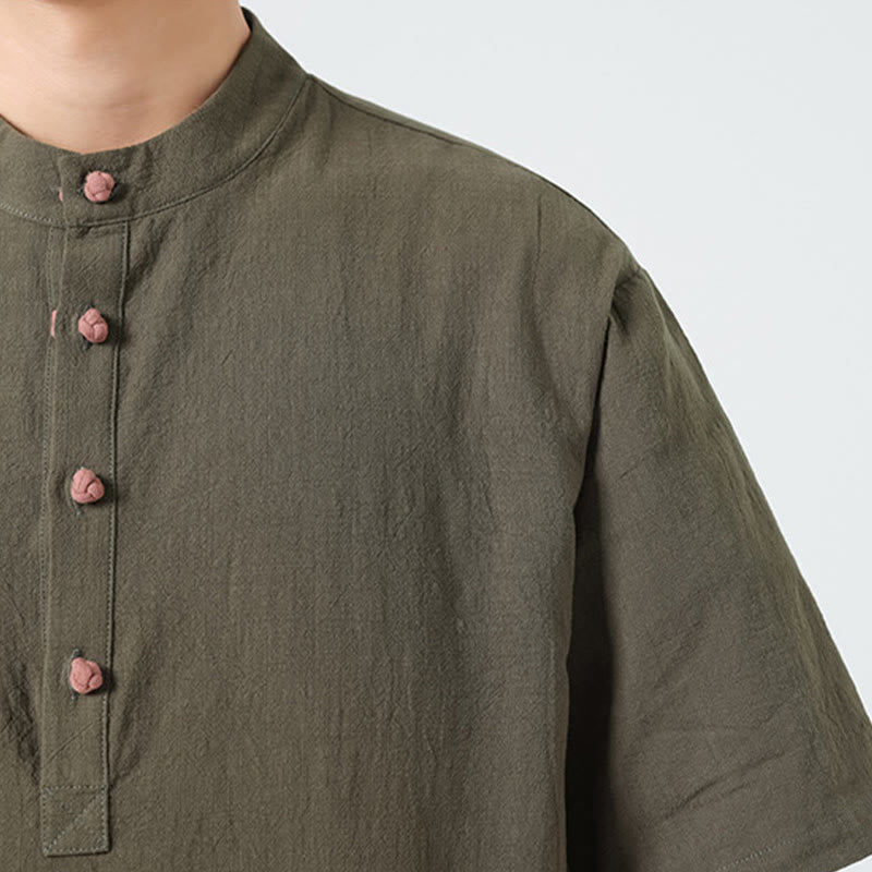 Buddha Stones Casual Half Frog-Button Design Stand Collar Tang Suit Men's Half Sleeve Cotton Shirt With Pocket