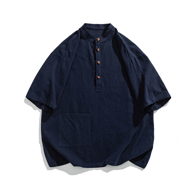 Buddha Stones Casual Half Frog-Button Design Stand Collar Tang Suit Men's Half Sleeve Cotton Shirt With Pocket