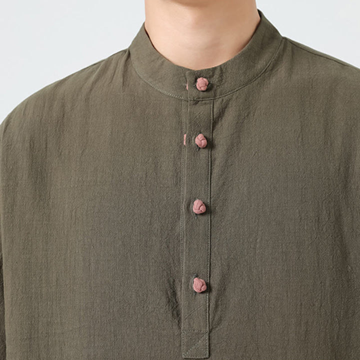 Buddha Stones Casual Half Frog-Button Design Stand Collar Tang Suit Men's Half Sleeve Cotton Shirt With Pocket
