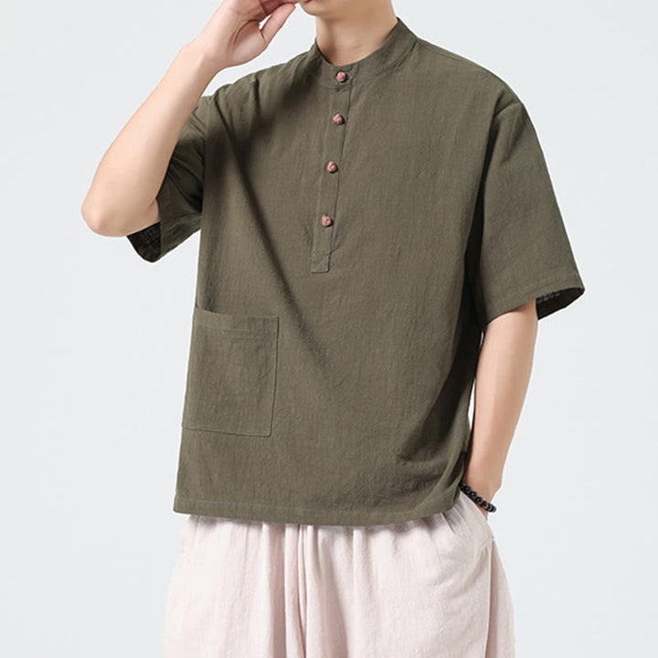 Buddha Stones Casual Half Frog-Button Design Stand Collar Tang Suit Men's Half Sleeve Cotton Shirt With Pocket