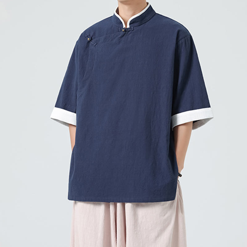 Buddha Stones Vintage Spring Color Matching Collar Slanted Placket Design Men's Half Sleeve Cotton Linen Shirt - MidnightBlue - US/UK/AU46,EU56 (5XL) - image 0