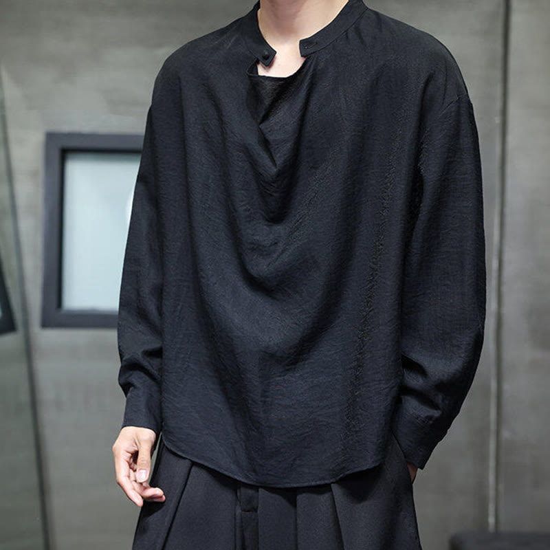 Buddha Stones Spring Solid Color Pleated Stand Collar Design Tang Suit Men's Long Sleeve Linen Shirt - Black - US/UK/AU46,EU56 (5XL) - image 8