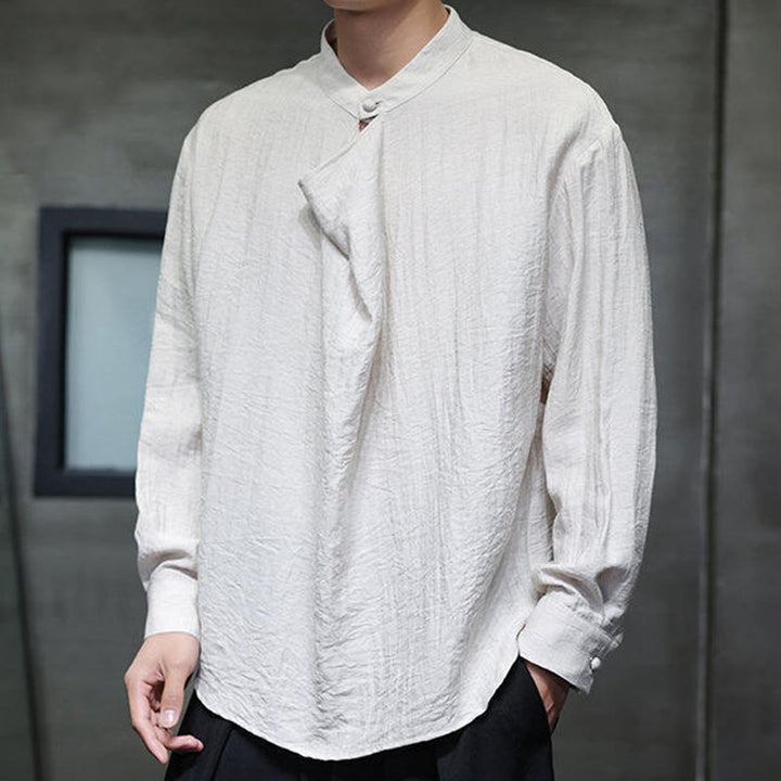 Buddha Stones Spring Solid Color Pleated Stand Collar Design Tang Suit Men's Long Sleeve Linen Shirt - FloralWhite - US/UK/AU46,EU56 (5XL) - image 17