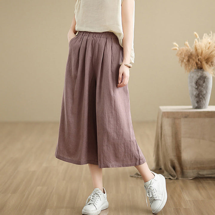 Buddha Stones Summer Solid Color Patchwork Simple Design Women's Cotton Wide Leg Cropped Pants With Pockets - image 4