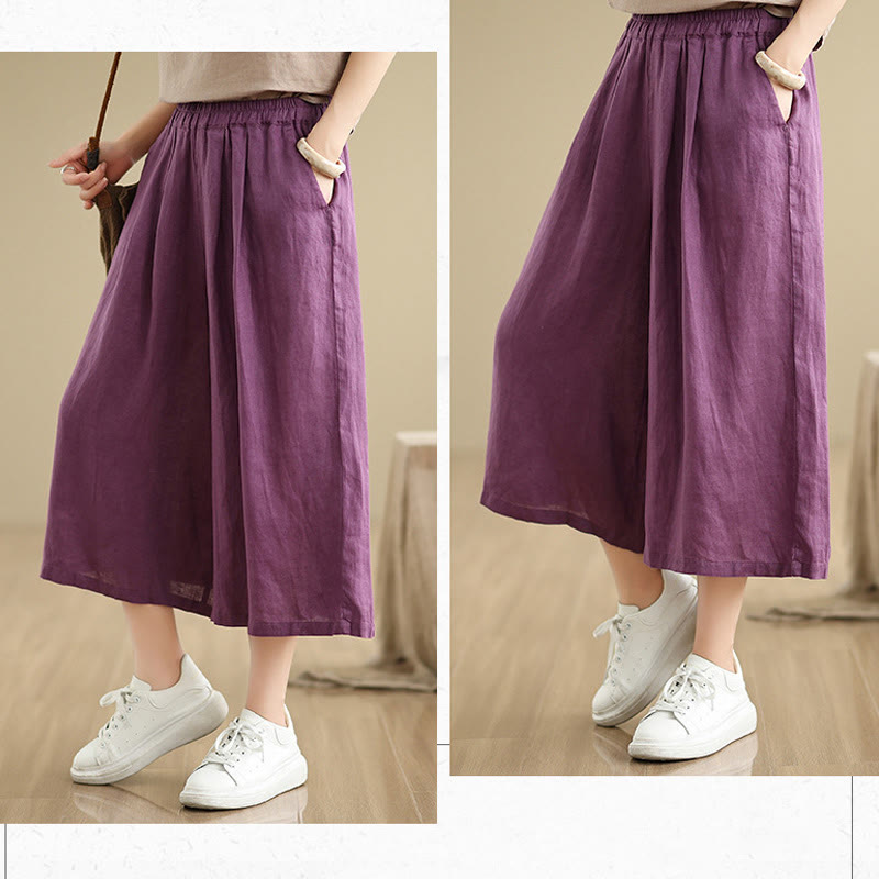 Buddha Stones Summer Solid Color Patchwork Simple Design Women's Cotton Wide Leg Cropped Pants With Pockets - image 12
