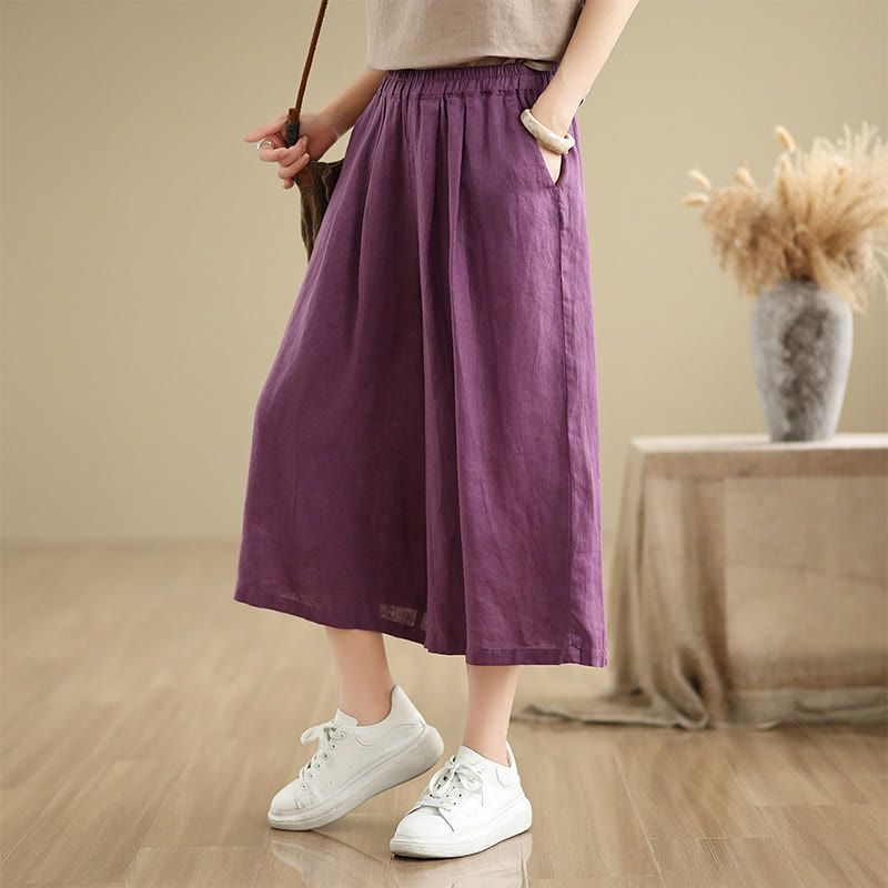 Buddha Stones Summer Solid Color Patchwork Simple Design Women's Cotton Wide Leg Cropped Pants With Pockets - Purple - US8-10,UK/AU12-14,EU40-42 (2XL) - image 5