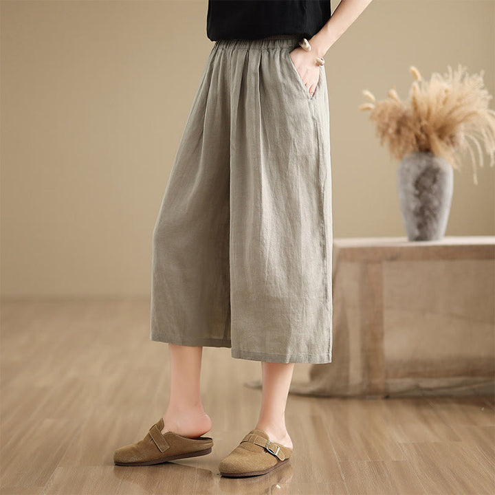 Buddha Stones Summer Solid Color Patchwork Simple Design Women's Cotton Wide Leg Cropped Pants With Pockets - image 17