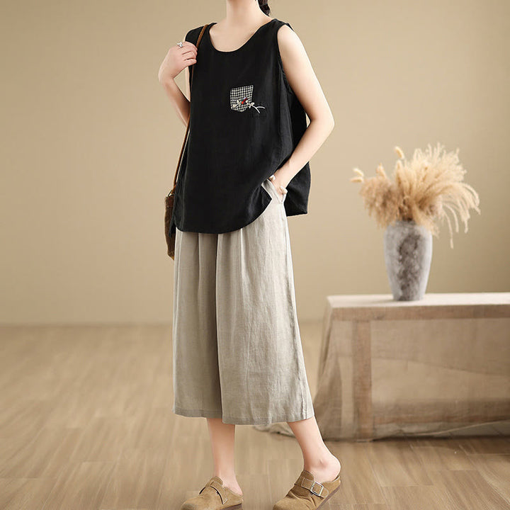 Buddha Stones Summer Solid Color Patchwork Simple Design Women's Cotton Wide Leg Cropped Pants With Pockets - image 15