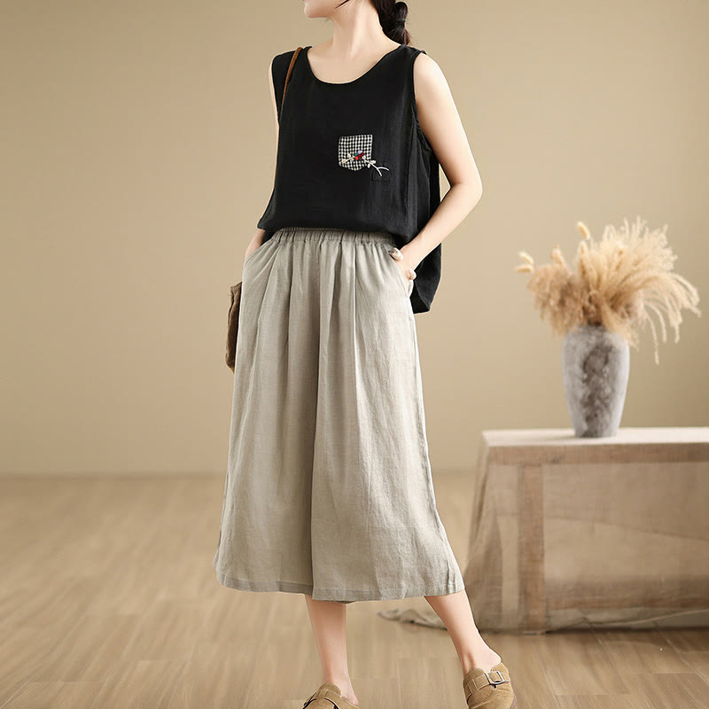Buddha Stones Summer Solid Color Patchwork Simple Design Women's Cotton Wide Leg Cropped Pants With Pockets - image 16