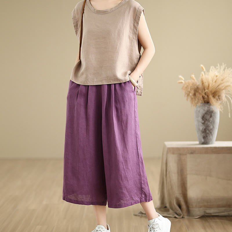 Buddha Stones Summer Solid Color Patchwork Simple Design Women's Cotton Wide Leg Cropped Pants With Pockets - image 9