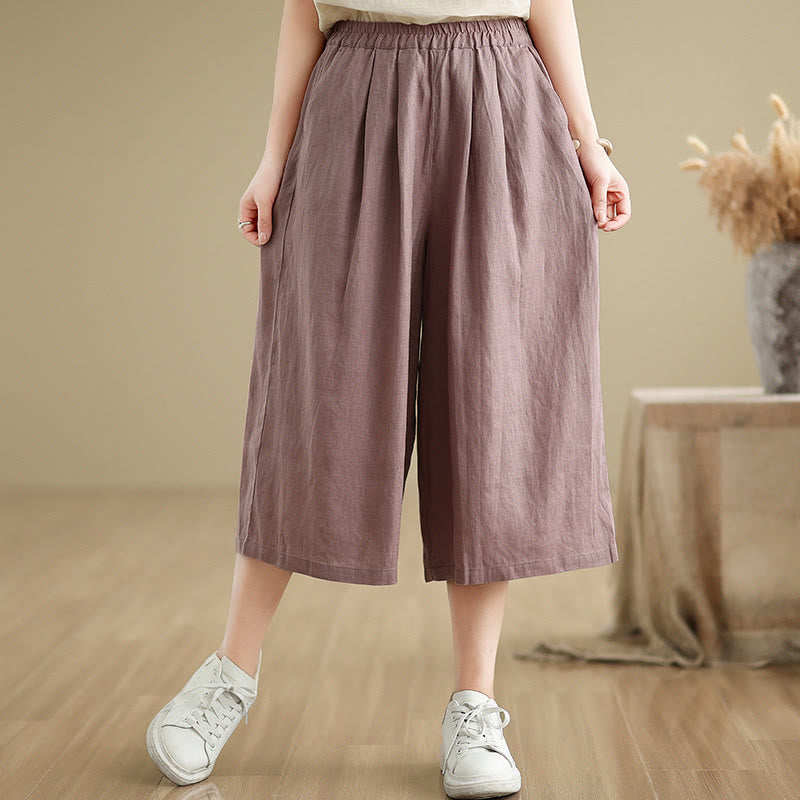 Buddha Stones Summer Solid Color Patchwork Simple Design Women's Cotton Wide Leg Cropped Pants With Pockets - RosyBrown - US8-10,UK/AU12-14,EU40-42 (2XL) - image 0