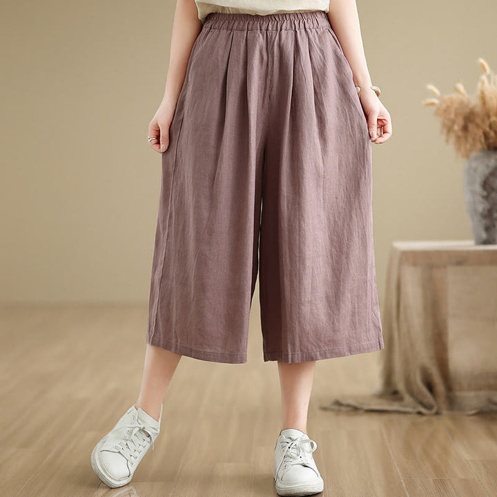 Buddha Stones Summer Solid Color Patchwork Simple Design Women's Cotton Wide Leg Cropped Pants With Pockets - RosyBrown - US8-10,UK/AU12-14,EU40-42 (2XL) - image 0