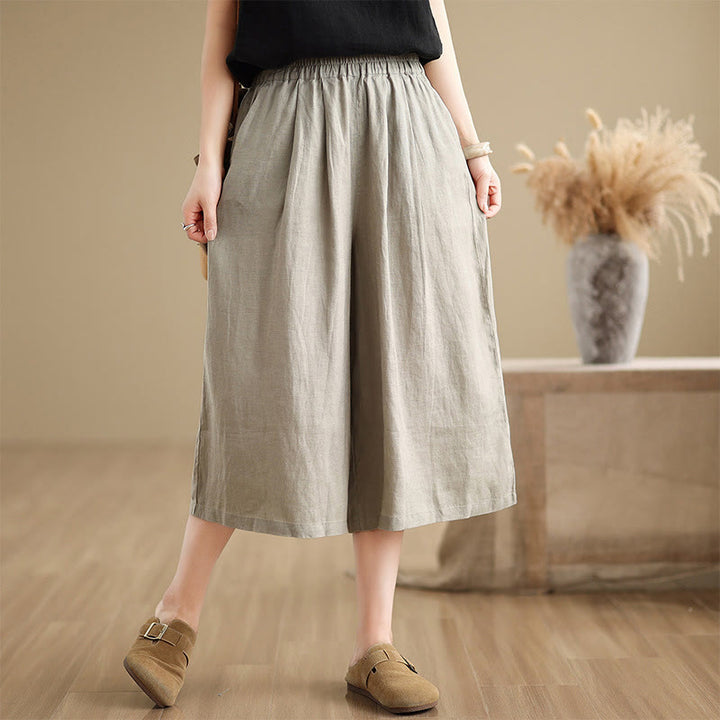 Buddha Stones Summer Solid Color Patchwork Simple Design Women's Cotton Wide Leg Cropped Pants With Pockets - DarkKhaki - US8-10,UK/AU12-14,EU40-42 (2XL) - image 13