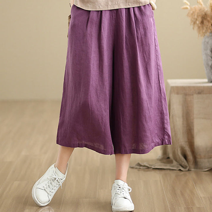Buddha Stones Summer Solid Color Patchwork Simple Design Women's Cotton Wide Leg Cropped Pants With Pockets - image 7
