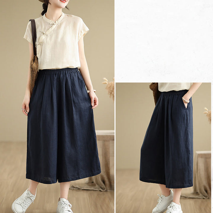 Buddha Stones Summer Solid Color Patchwork Simple Design Women's Cotton Wide Leg Cropped Pants With Pockets - image 22