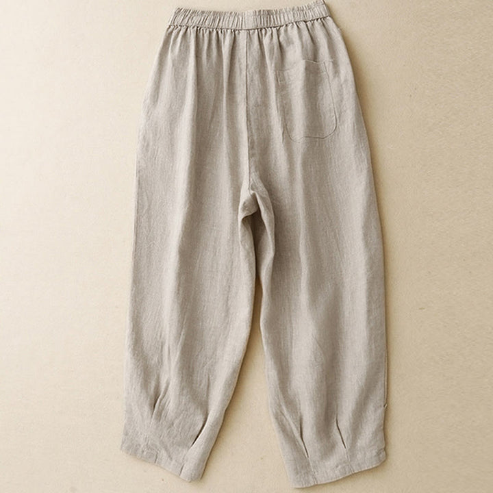 Buddha Stones Summer Frog-Button Lace High Waist Women's Cotton Linen Pants With Pockets