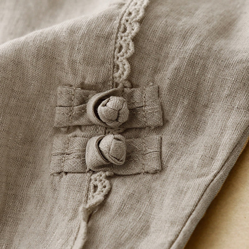 Buddha Stones Summer Frog-Button Lace High Waist Women's Cotton Linen Pants With Pockets