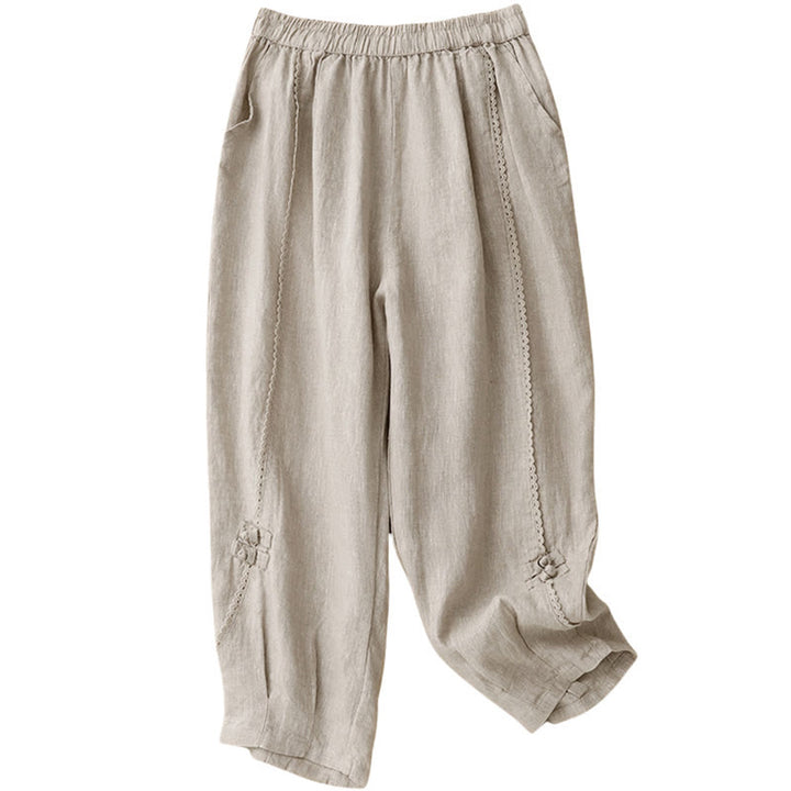 Buddha Stones Summer Frog-Button Lace High Waist Women's Cotton Linen Pants With Pockets
