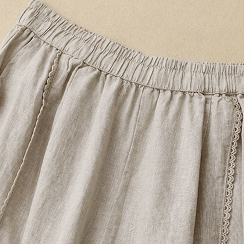 Buddha Stones Summer Frog-Button Lace High Waist Women's Cotton Linen Pants With Pockets