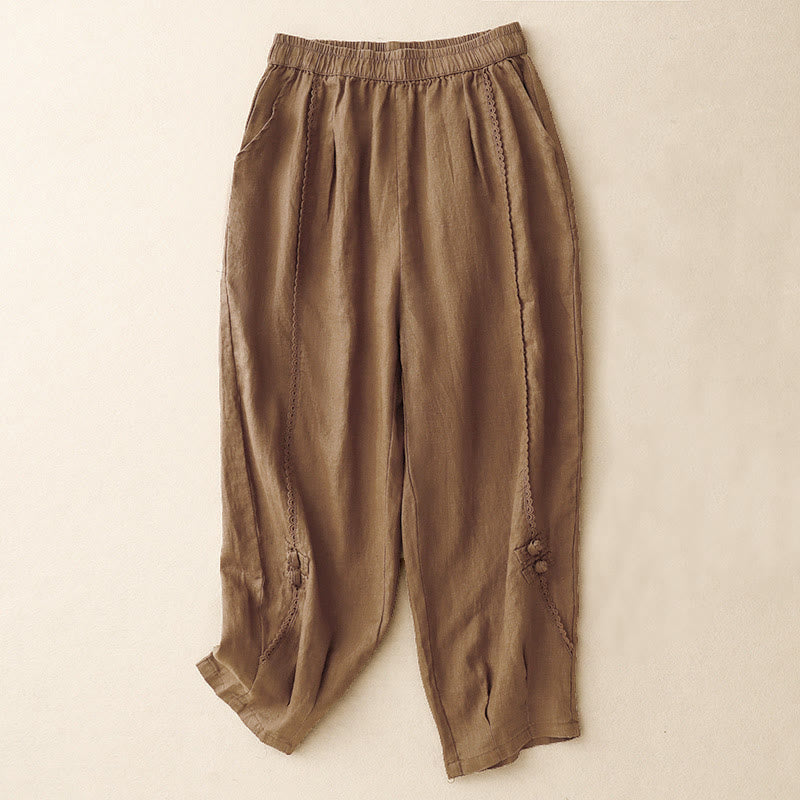 Buddha Stones Summer Frog-Button Lace High Waist Women's Cotton Linen Pants With Pockets