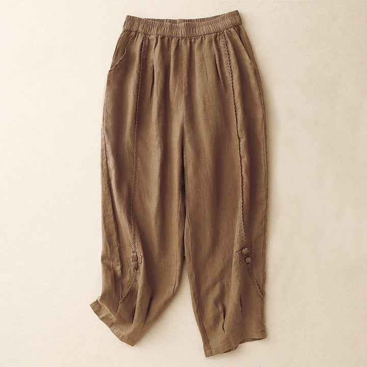 Buddha Stones Summer Frog-Button Lace High Waist Women's Cotton Linen Pants With Pockets