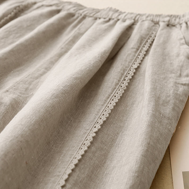 Buddha Stones Summer Frog-Button Lace High Waist Women's Cotton Linen Pants With Pockets