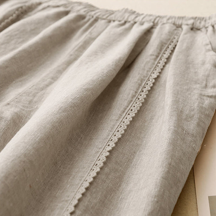 Buddha Stones Summer Frog-Button Lace High Waist Women's Cotton Linen Pants With Pockets