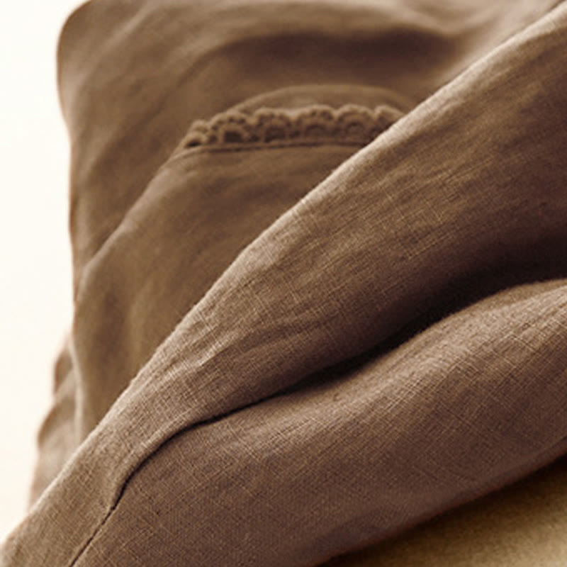 Buddha Stones Summer Frog-Button Lace High Waist Women's Cotton Linen Pants With Pockets