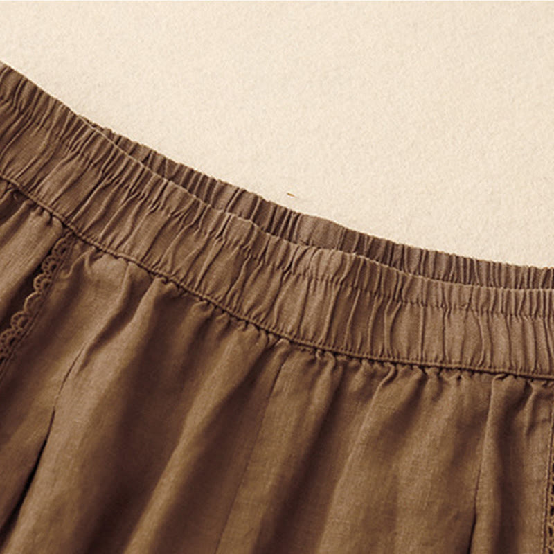 Buddha Stones Summer Frog-Button Lace High Waist Women's Cotton Linen Pants With Pockets