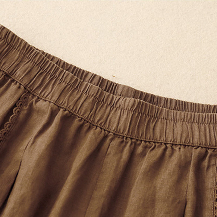 Buddha Stones Summer Frog-Button Lace High Waist Women's Cotton Linen Pants With Pockets