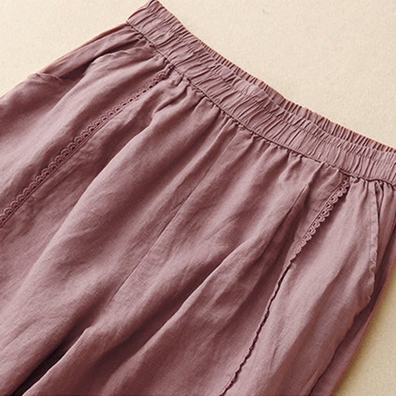 Buddha Stones Summer Frog-Button Lace High Waist Women's Cotton Linen Pants With Pockets