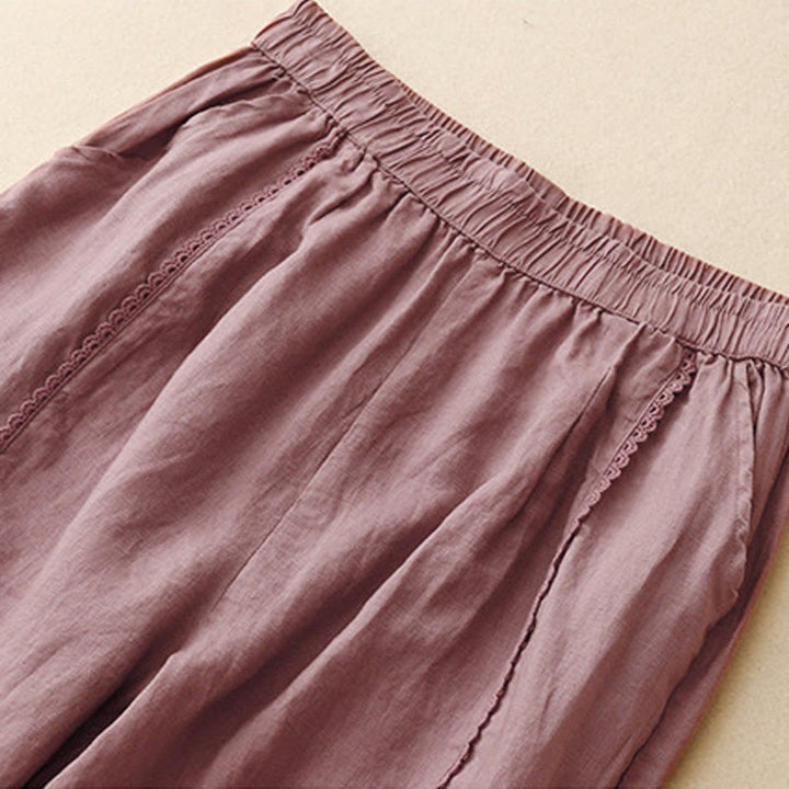 Buddha Stones Summer Frog-Button Lace High Waist Women's Cotton Linen Pants With Pockets