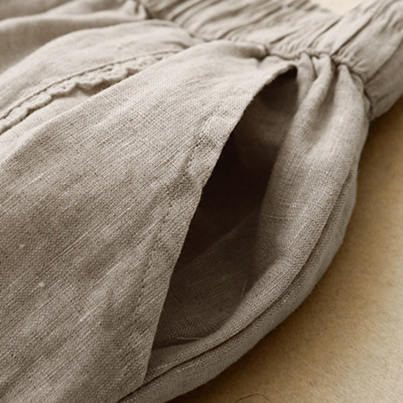 Buddha Stones Summer Frog-Button Lace High Waist Women's Cotton Linen Pants With Pockets