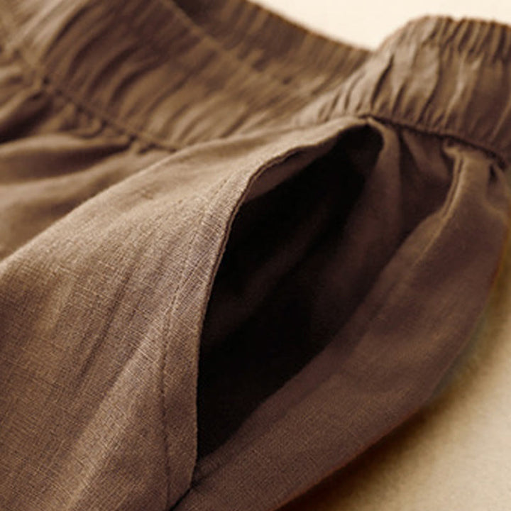 Buddha Stones Summer Frog-Button Lace High Waist Women's Cotton Linen Pants With Pockets