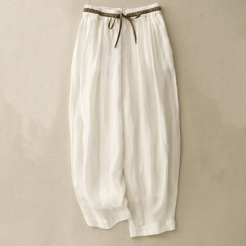 Buddha Stones Vintage Summer Casual Color Matching Drawstring Women's Cotton Linen Harem Pants With Pockets - White - US8-10,UK/AU12-14,EU40-42 (2XL) - image 0