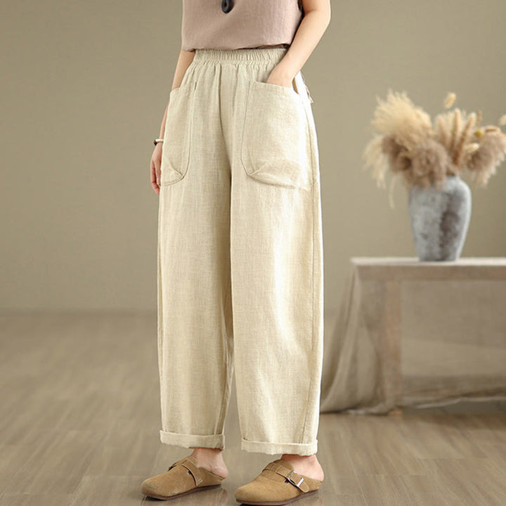 Buddha Stones Casual Daily Plain Simple Design Women's Cotton Linen Harem Pants With Pockets