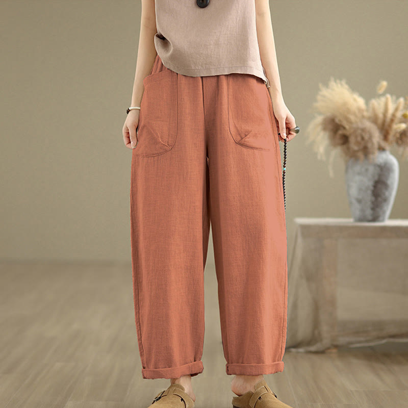 Buddha Stones Casual Daily Plain Simple Design Women's Cotton Linen Harem Pants With Pockets