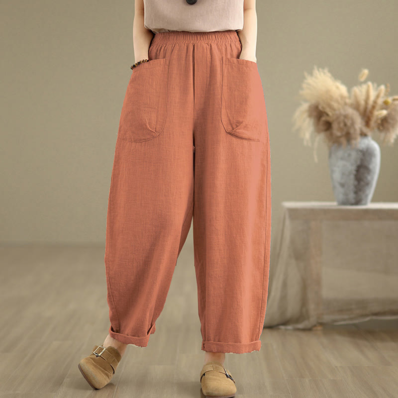Buddha Stones Casual Daily Plain Simple Design Women's Cotton Linen Harem Pants With Pockets