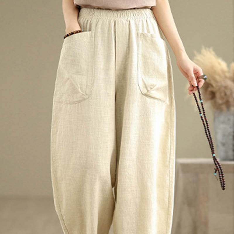 Buddha Stones Casual Daily Plain Simple Design Women's Cotton Linen Harem Pants With Pockets