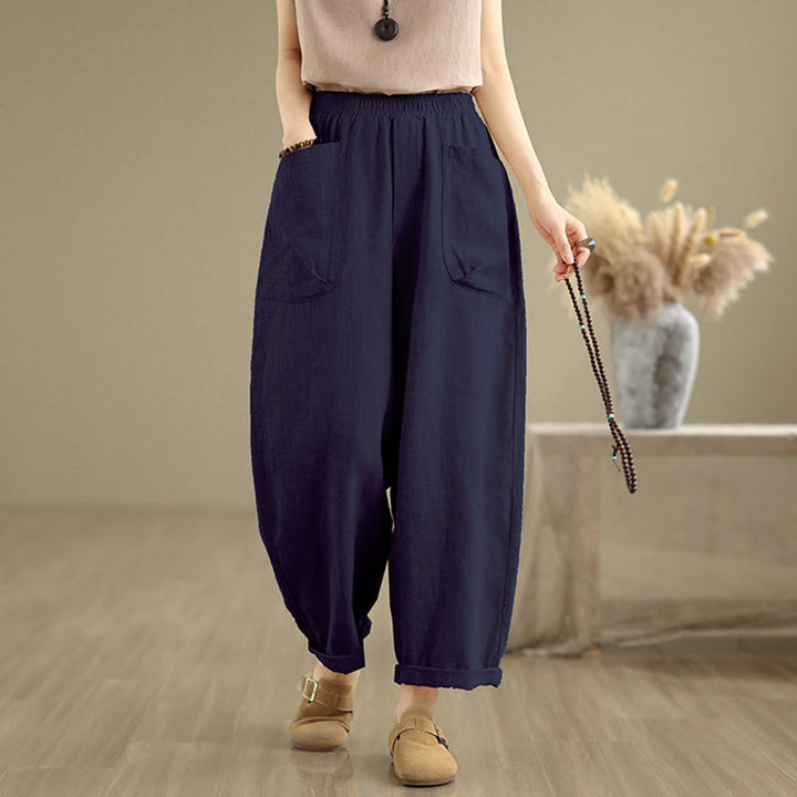 Buddha Stones Casual Daily Plain Simple Design Women's Cotton Linen Harem Pants With Pockets