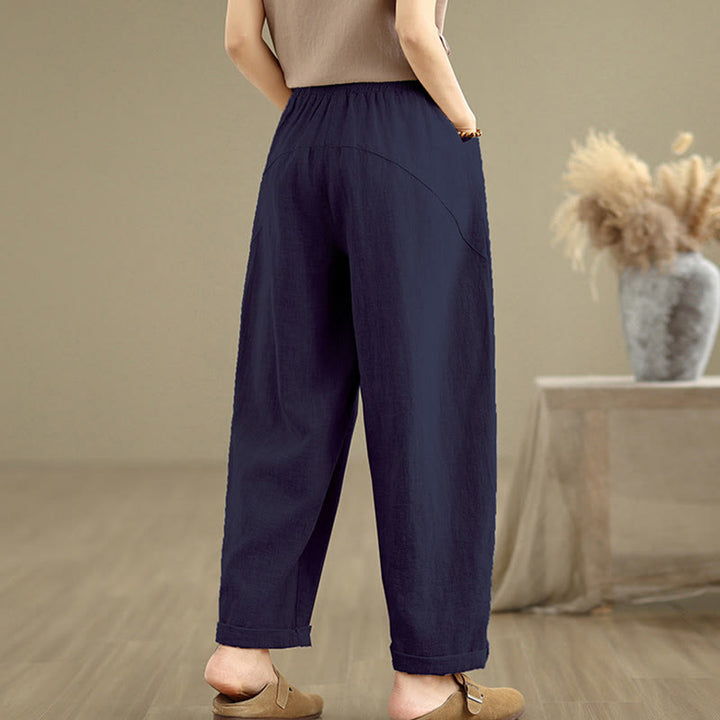 Buddha Stones Casual Daily Plain Simple Design Women's Cotton Linen Harem Pants With Pockets
