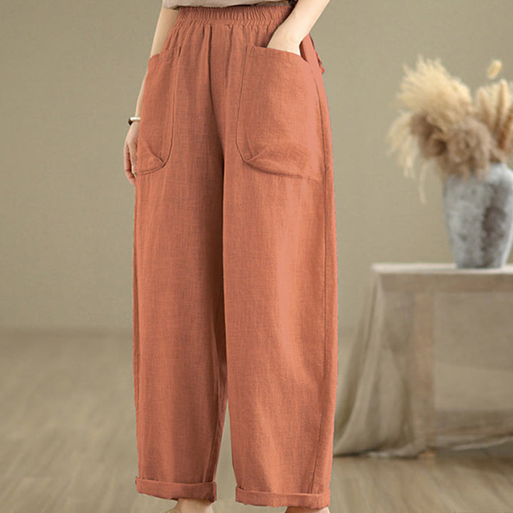 Buddha Stones Casual Daily Plain Simple Design Women's Cotton Linen Harem Pants With Pockets