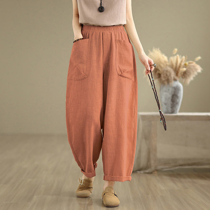 Buddha Stones Casual Daily Plain Simple Design Women's Cotton Linen Harem Pants With Pockets
