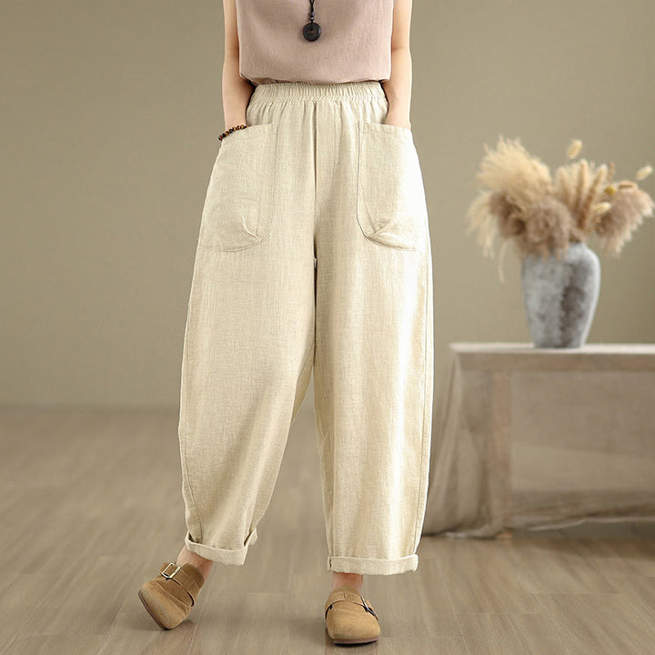 Buddha Stones Casual Daily Plain Simple Design Women's Cotton Linen Harem Pants With Pockets