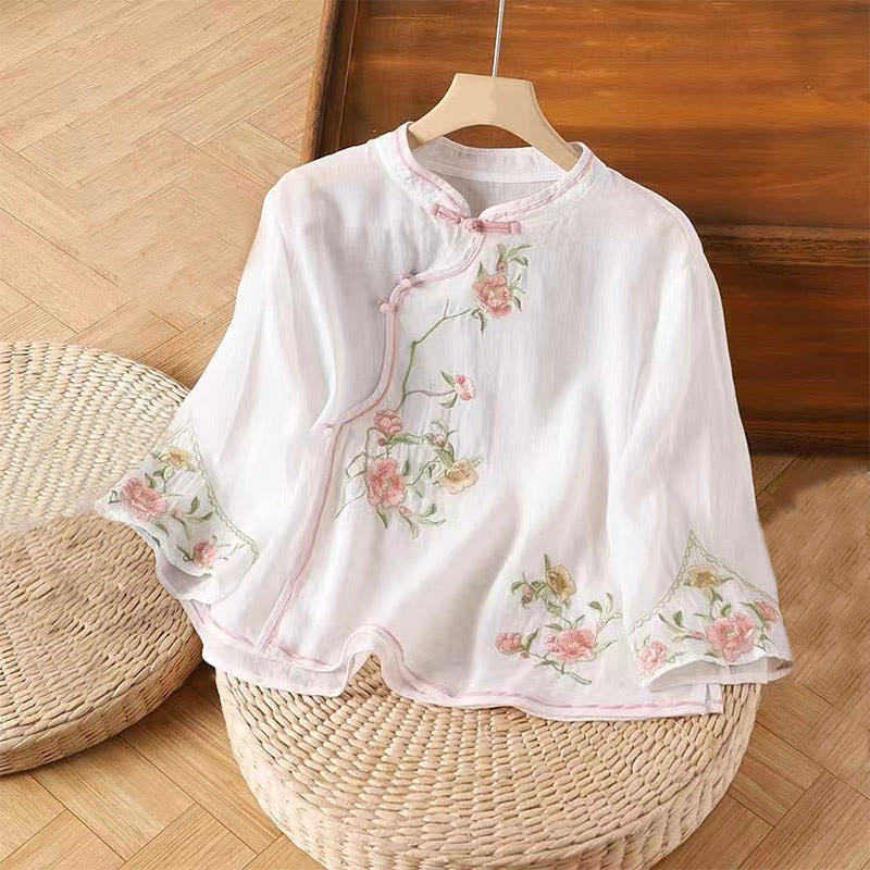 Buddha Stones Casual Vintage Embroidery Flower Pattern Chinese Frog-Button Crew Neck Design Women's Cotton Linen Shirt - White - US12,UK/AU16,EU44 (3XL) - image 3