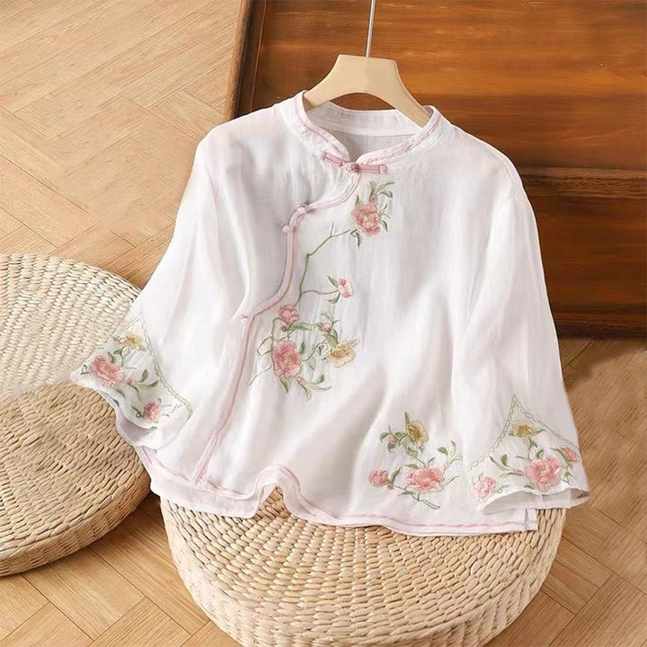 Buddha Stones Casual Vintage Embroidery Flower Pattern Chinese Frog-Button Crew Neck Design Women's Cotton Linen Shirt - White - US12,UK/AU16,EU44 (3XL) - image 3