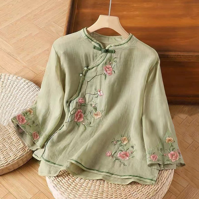 Buddha Stones Casual Vintage Embroidery Flower Pattern Chinese Frog-Button Crew Neck Design Women's Cotton Linen Shirt - LightGreen - US12,UK/AU16,EU44 (3XL) - image 6
