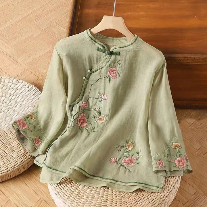 Buddha Stones Casual Vintage Embroidery Flower Pattern Chinese Frog-Button Crew Neck Design Women's Cotton Linen Shirt - LightGreen - US12,UK/AU16,EU44 (3XL) - image 6