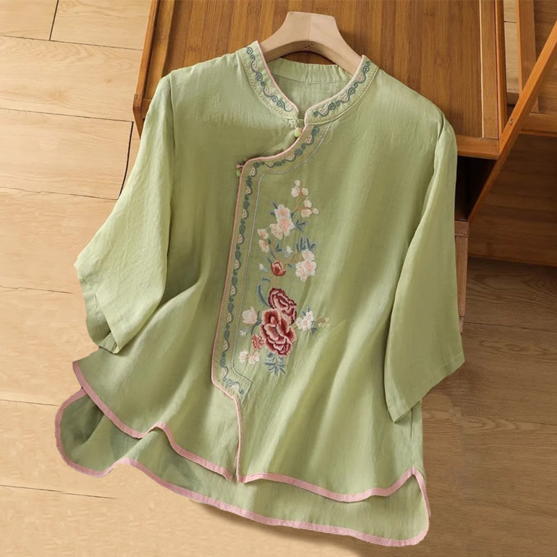 Buddha Stones Casual Ethnic Style Embroidery Flower Pattern Frog-Button Stand Collar Women's Cotton Linen Shirt - LightGreen - US14,UK/AU18,EU46 (4XL) - image 0