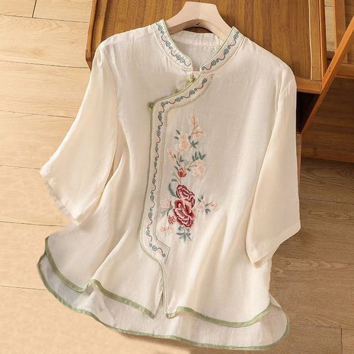 Buddha Stones Casual Ethnic Style Embroidery Flower Pattern Frog-Button Stand Collar Women's Cotton Linen Shirt - Beige - US14,UK/AU18,EU46 (4XL) - image 4